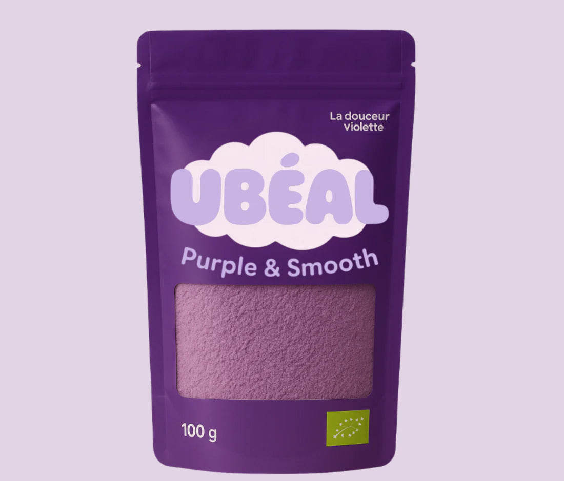 Sachet de poudre de 100 gr couleur violette et au gout vanillé d'ube riche en antioxyant pour recette healthy et ube latte